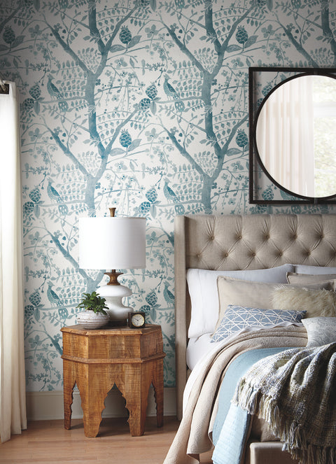 BO6632 Teal Peacock Block Print Wallpaper