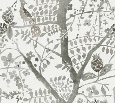 BO6633 Gray Peacock Block Print Wallpaper
