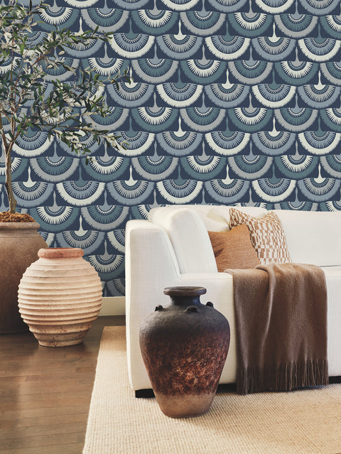 BO6642 Blue Feather and Fringe Wallpaper