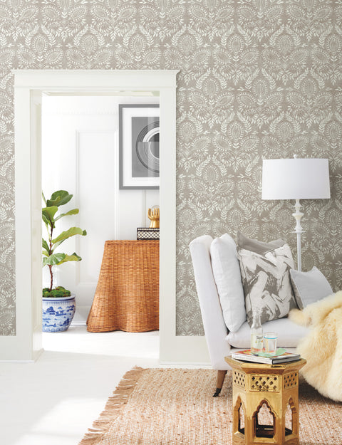 BO6732 Brown Laurel Damask Wallpaper