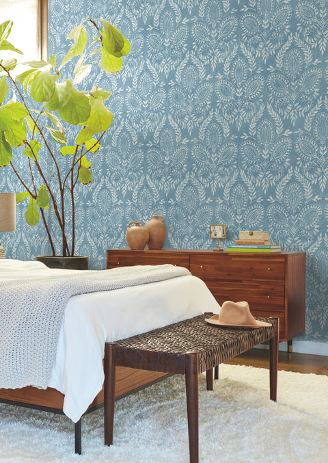 BO6733 Blue Laurel Damask Wallpaper