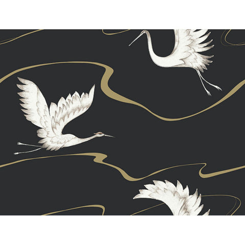 BW3871 Black Gold Soaring Cranes Wallpaper