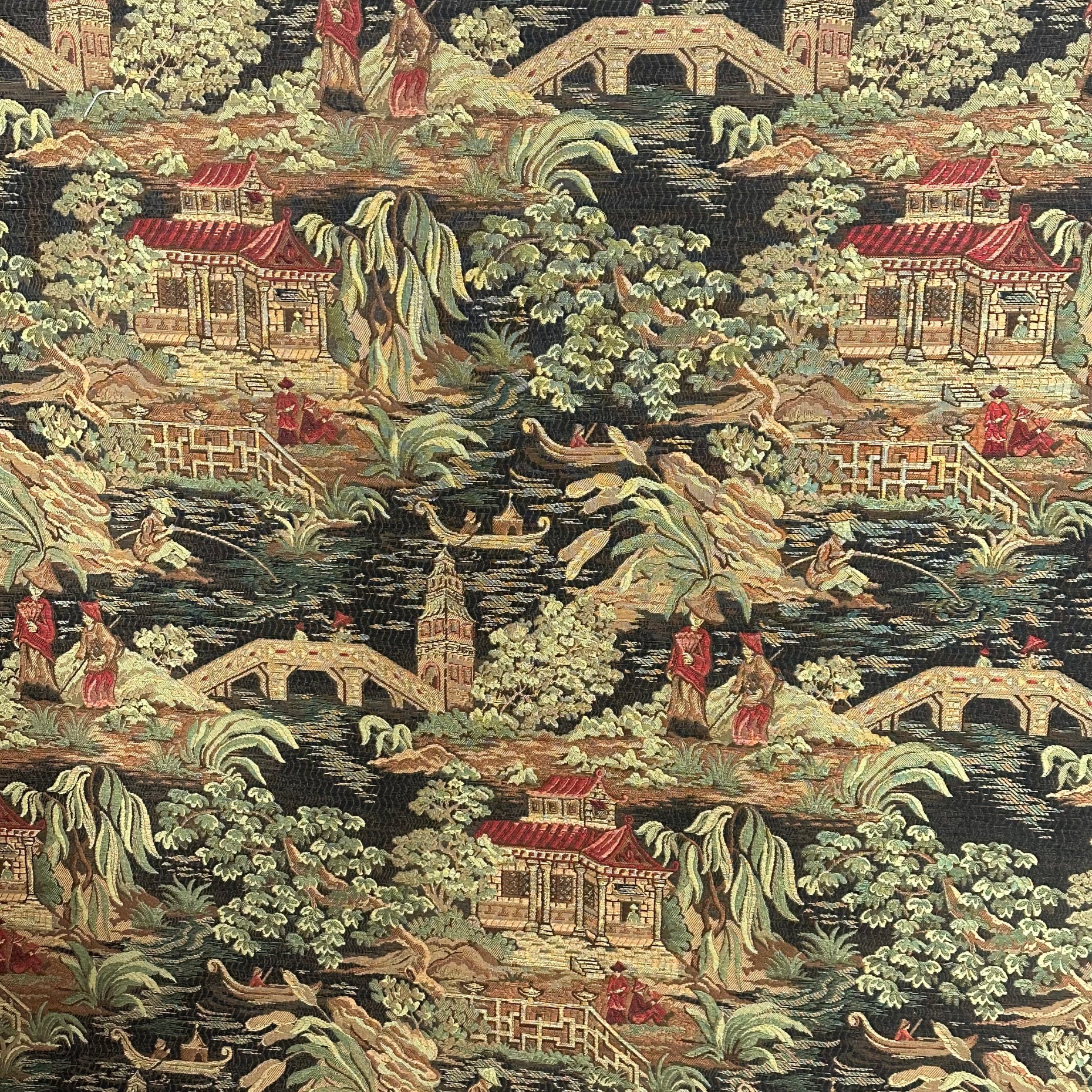 Kyoto Black Chinese Toile Pagoda Woven Upholstery Regal Fabric