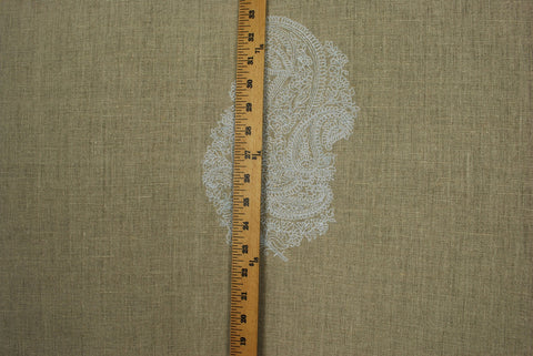 Taj Crystal Grey Paisley Embroidered Taupe Linen Drapery Fabric