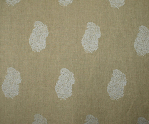 Taj Crystal Grey Paisley Embroidered Taupe Linen Drapery Fabric