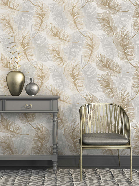 2834-M1392 Clemente Gold Foil Feather Wallpaper