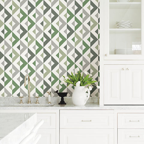 2902-25543 Seesaw Green Geometric Faux Linen Wallpaper