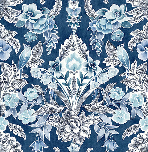 2903-25863 Vera Blue Floral Damask Wallpaper