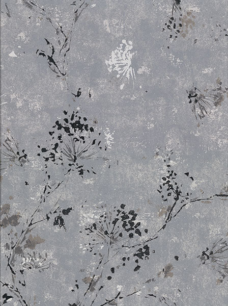 2904-00306 Misty Charcoal Distressed Dandelion Wallpaper