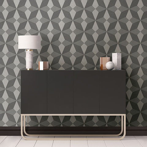 2908-25300 Valiant Grey Faux Grasscloth Geometric Wallpaper