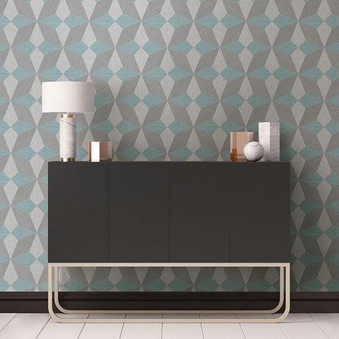 2908-25304 Valiant Aqua Faux Grasscloth Geometric Wallpaper