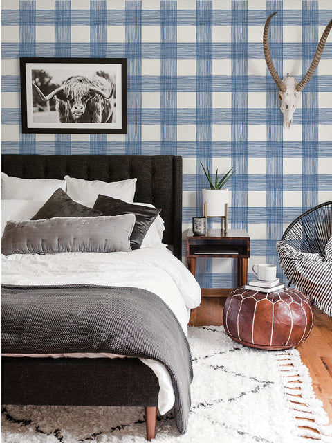 2927-80902 Scarborough Indigo Striated Plaid Wallpaper