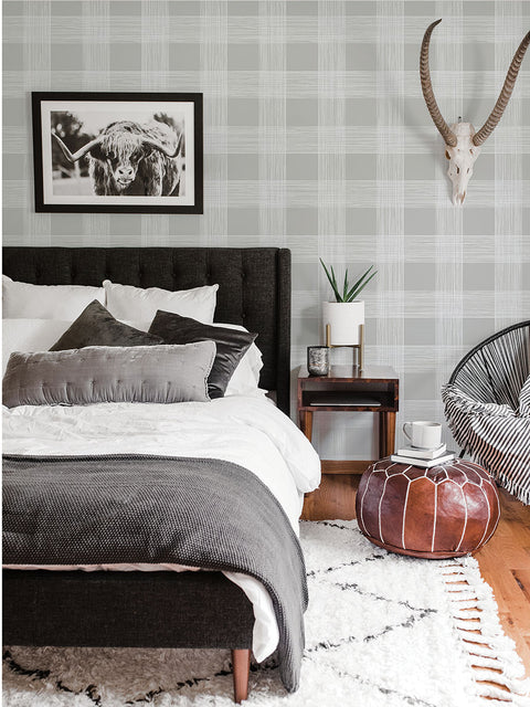 2927-80908 Scarborough Grey Striated Plaid Wallpaper