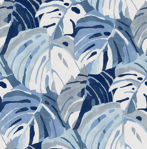 2969-26007 Samara Blue Monstera Leaf Wallpaper