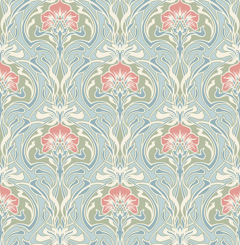 2970-26152 Mucha Light Blue Botanical Ogee Wallpaper