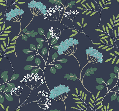 2975-87541 Sorrel Navy Botanical Wallpaper