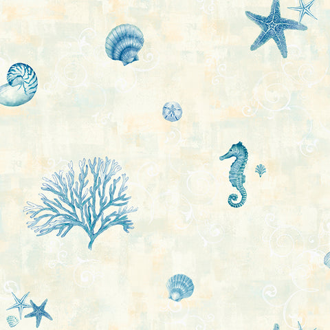 Boca Raton Blue Seashells Wallpaper (3113-54531)