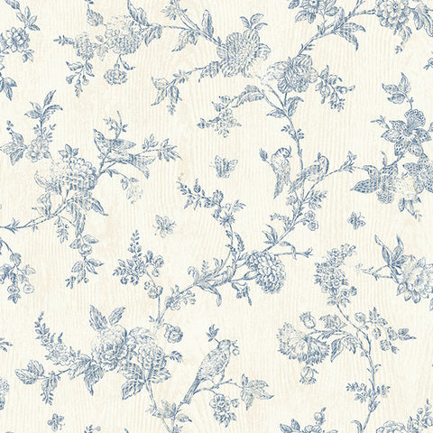 3119-02192 French Nightingale Blue Floral Scroll Wallpaper