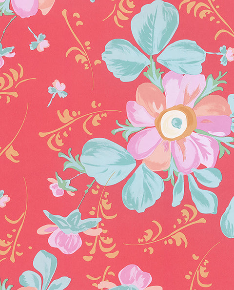 Lyse Coral Painted Flowers Wallpaper