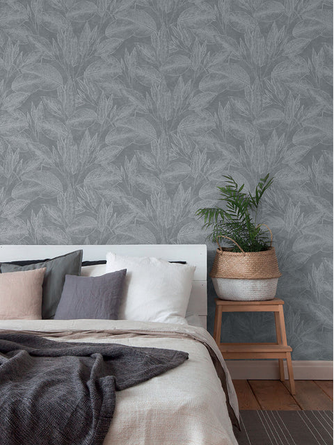 4035-37836-4 Suki Grey Leaves Wallpaper