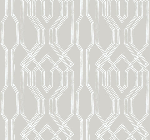 AF6558 Taupe, White Oriental Lattice Wallpaper