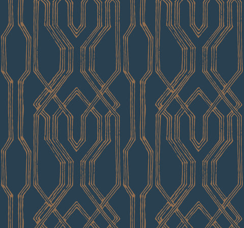 AF6561 Blue, Gold Oriental Lattice Wallpaper