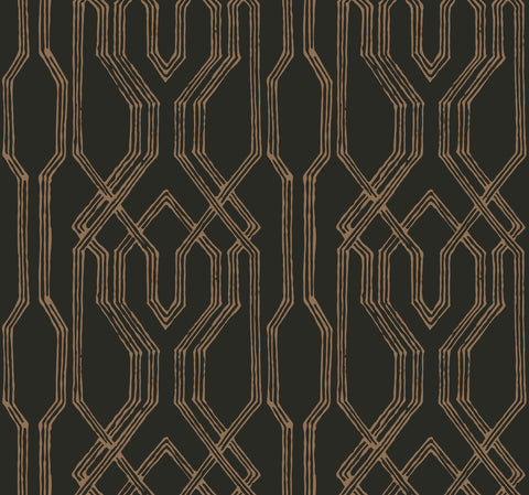 AF6562 Black, Gold Oriental Lattice Wallpaper