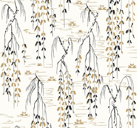 AF6581 White, Black, Gold Willow Branches Wallpaper