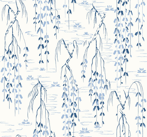 AF6582 White, Blue Willow Branches Wallpaper