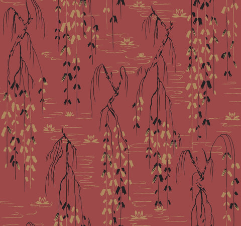 AF6585 Red, Black, Gold Willow Branches Wallpaper