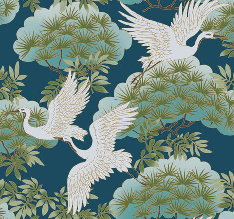 AF6592 Blue Sprig & Heron Wallpaper