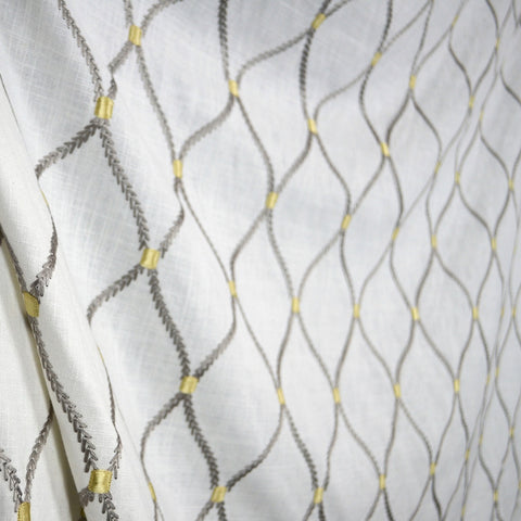 Deane Embroidery Smoke Wavely Linen Trellis Fabric