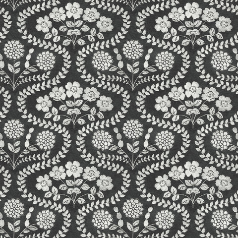 FH4022 Black/White Folksy Floral Wallpaper