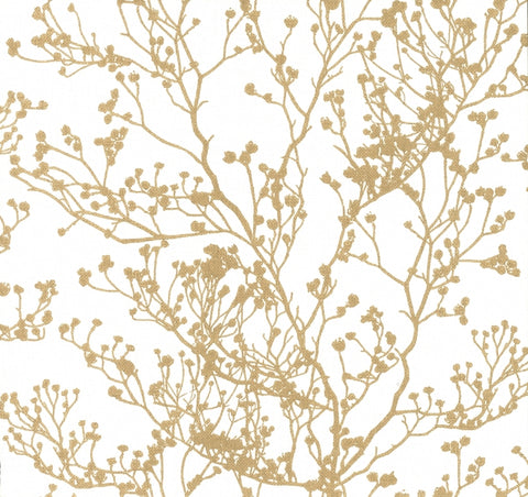 HC7516 White/Gold Budding Branch Silhouette Wallpaper