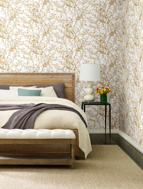 HC7516 White/Gold Budding Branch Silhouette Wallpaper