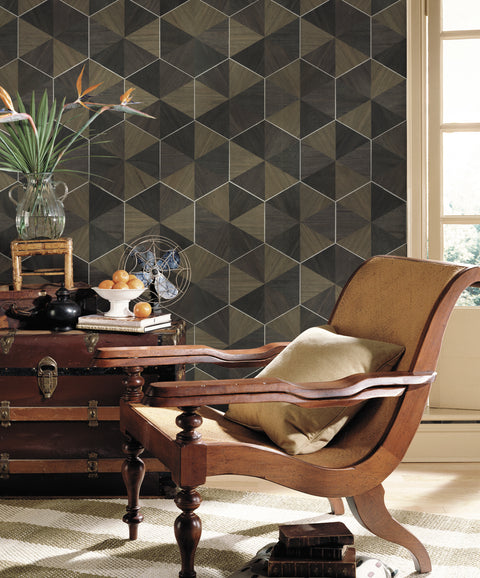 HO2103 Brown/Black Hexagram Wood Veneer Wallpaper