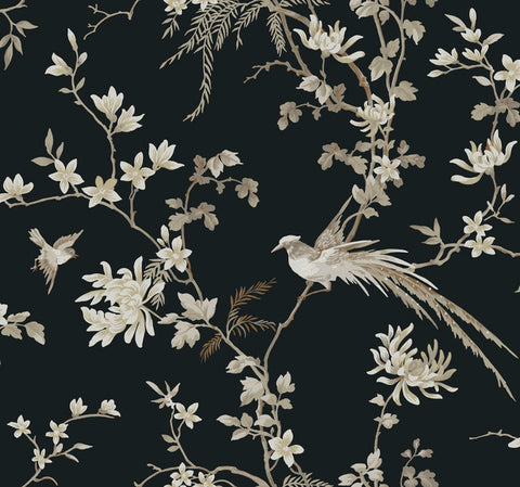 KT2173 Black Bird And Blossom Chinoserie Wallpaper
