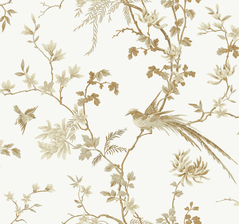 KT2174 White/Gold Bird And Blossom Chinoserie Wallpaper