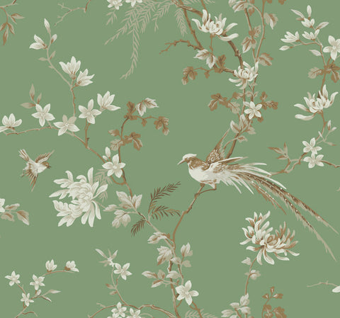 KT2175 Green Bird And Blossom Chinoserie Wallpaper