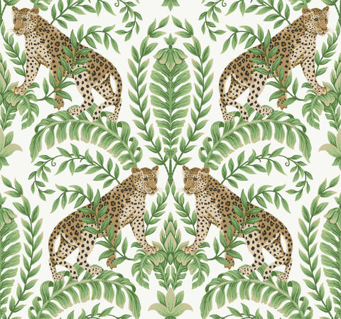 KT2203 White/Green Jungle Leopard Wallpaper