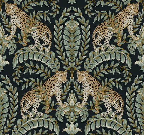 KT2205 Black/Green Jungle Leopard Wallpaper