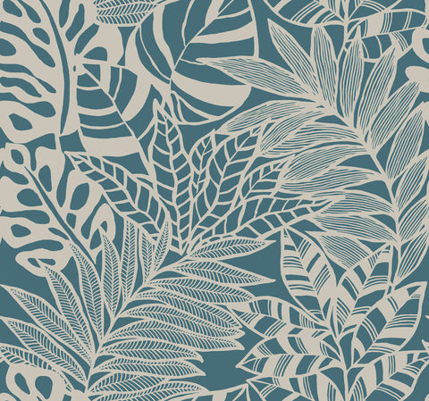 SS2572 Teal Jungle Leaves Wallpaper