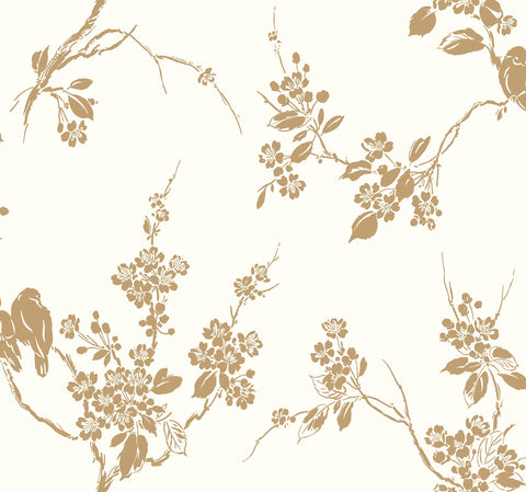 SS2590 Metallic Gold White Imperial Blossoms Branch Wallpaper